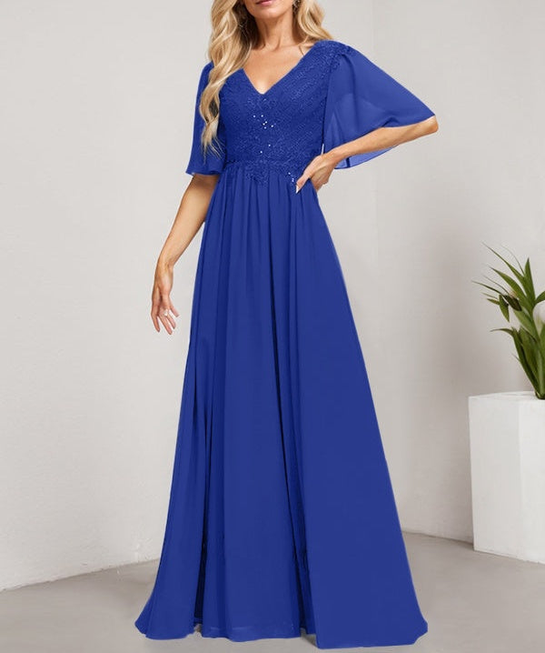 A-line V-Neck Floor-Length Lace Chiffon Mother of the Bride Dress With Sequins