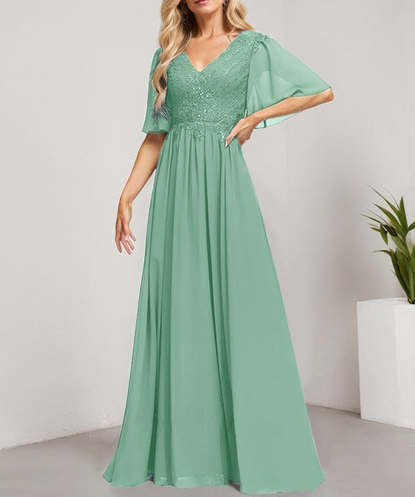 A-line V-Neck Floor-Length Lace Chiffon Mother of the Bride Dress With Sequins