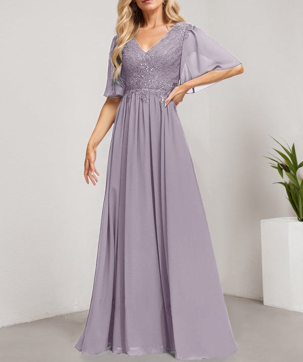 A-line V-Neck Floor-Length Lace Chiffon Mother of the Bride Dress With Sequins