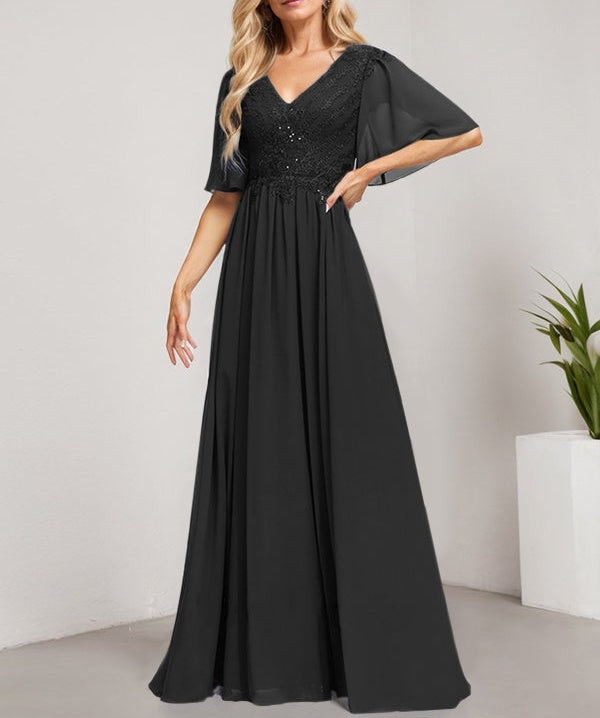 A-line V-Neck Floor-Length Lace Chiffon Mother of the Bride Dress With Sequins
