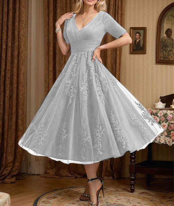 A-line V-Neck Tea-Length Tulle Lace Mother of the Bride Dress With Pleated