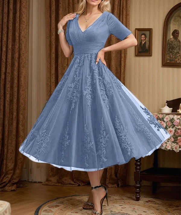 A-line V-Neck Tea-Length Tulle Lace Mother of the Bride Dress With Pleated
