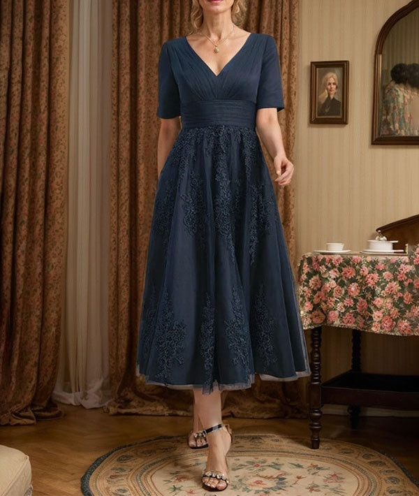 A-line V-Neck Tea-Length Tulle Lace Mother of the Bride Dress With Pleated