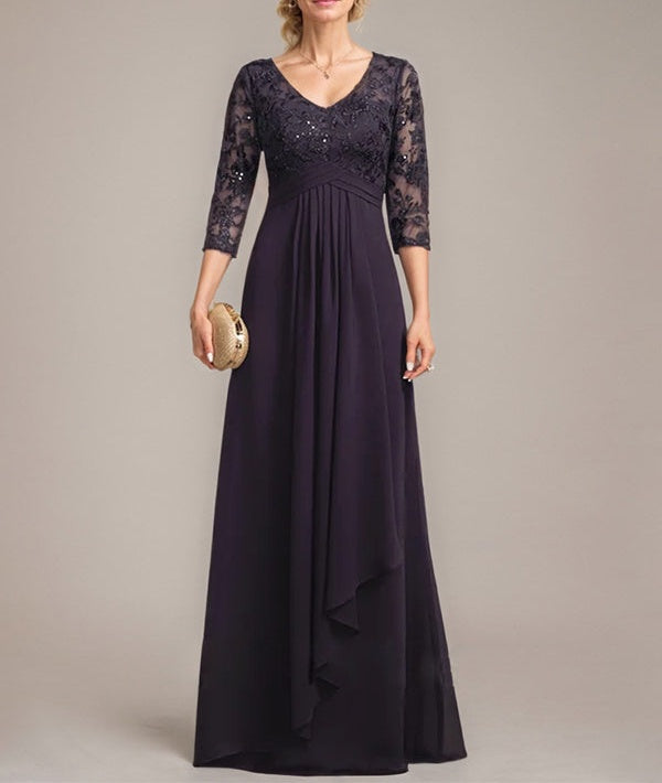 A-line V-Neck Floor-Length Lace Chiffon Mother of the Bride Dress With Cascading Ruffles Sequins