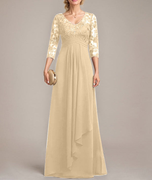 A-line V-Neck Floor-Length Lace Chiffon Mother of the Bride Dress With Cascading Ruffles Sequins