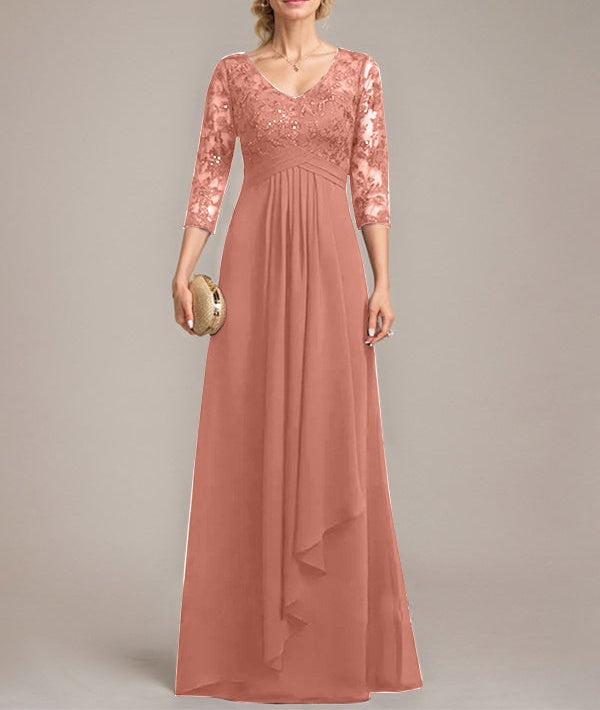 A-line V-Neck Floor-Length Lace Chiffon Mother of the Bride Dress With Cascading Ruffles Sequins