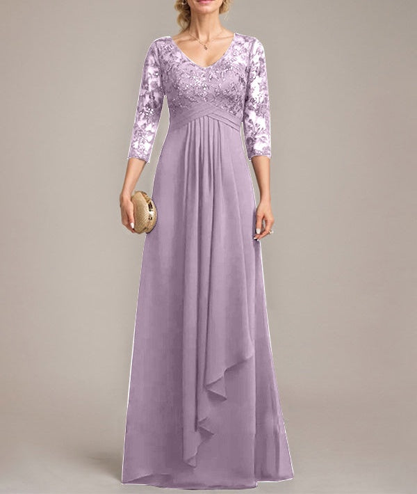 A-line V-Neck Floor-Length Lace Chiffon Mother of the Bride Dress With Cascading Ruffles Sequins