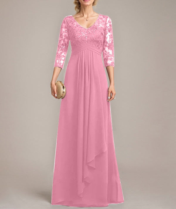 A-line V-Neck Floor-Length Lace Chiffon Mother of the Bride Dress With Cascading Ruffles Sequins