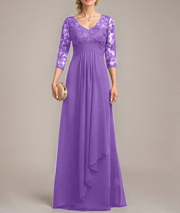 A-line V-Neck Floor-Length Lace Chiffon Mother of the Bride Dress With Cascading Ruffles Sequins