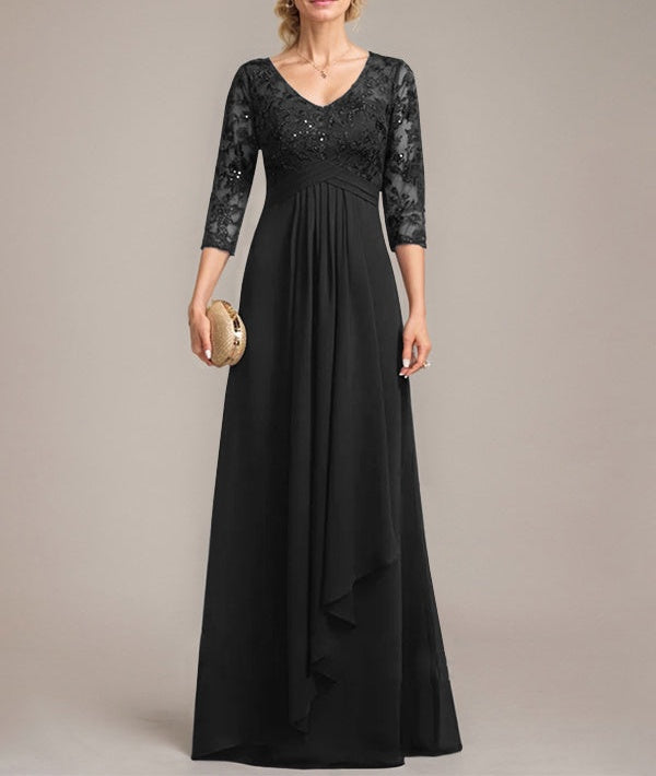 A-line V-Neck Floor-Length Lace Chiffon Mother of the Bride Dress With Cascading Ruffles Sequins