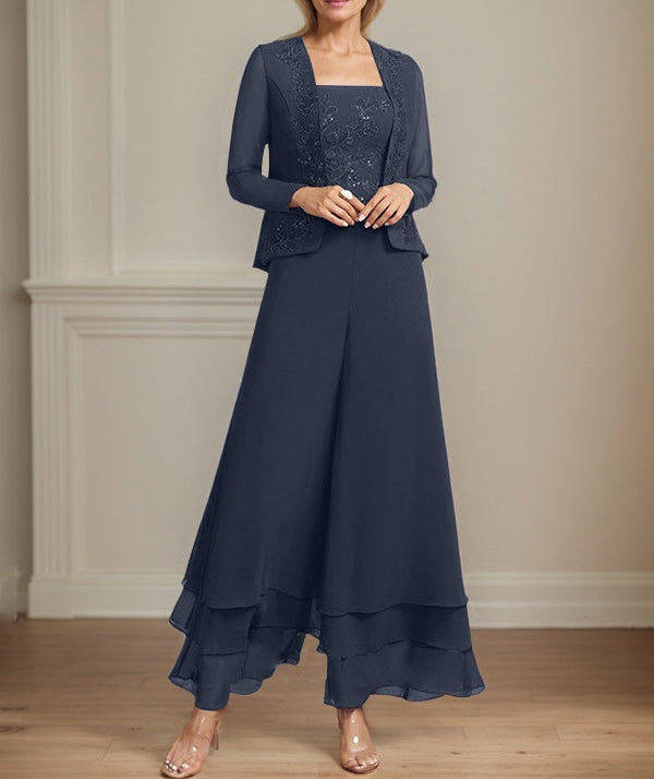 Separates Jumpsuit/Pantsuit Square Ankle-Length Lace Chiffon Mother of the Bride Dress With Sequins