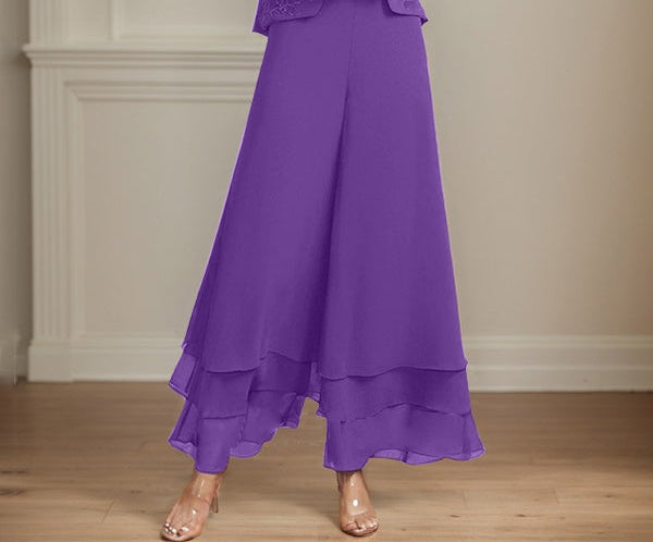 Separates Jumpsuit/Pantsuit Square Ankle-Length Lace Chiffon Mother of the Bride Dress With Sequins