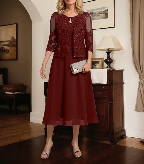 A-line Scoop Tea-Length Lace Chiffon Mother of the Bride Dress With Sequins