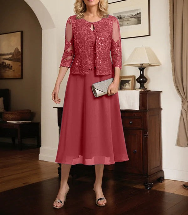 A-line Scoop Tea-Length Lace Chiffon Mother of the Bride Dress With Sequins