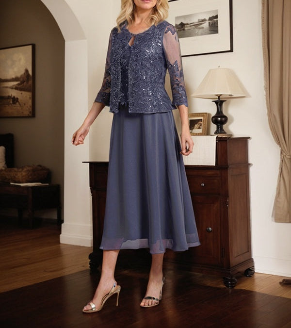 A-line Scoop Tea-Length Lace Chiffon Mother of the Bride Dress With Sequins