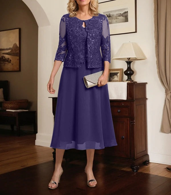A-line Scoop Tea-Length Lace Chiffon Mother of the Bride Dress With Sequins