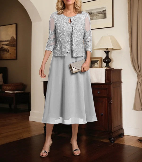 A-line Scoop Tea-Length Lace Chiffon Mother of the Bride Dress With Sequins