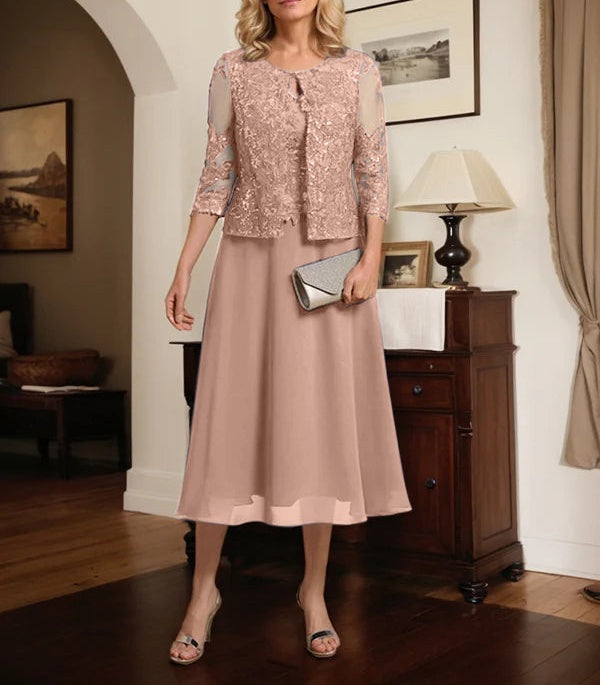 A-line Scoop Tea-Length Lace Chiffon Mother of the Bride Dress With Sequins