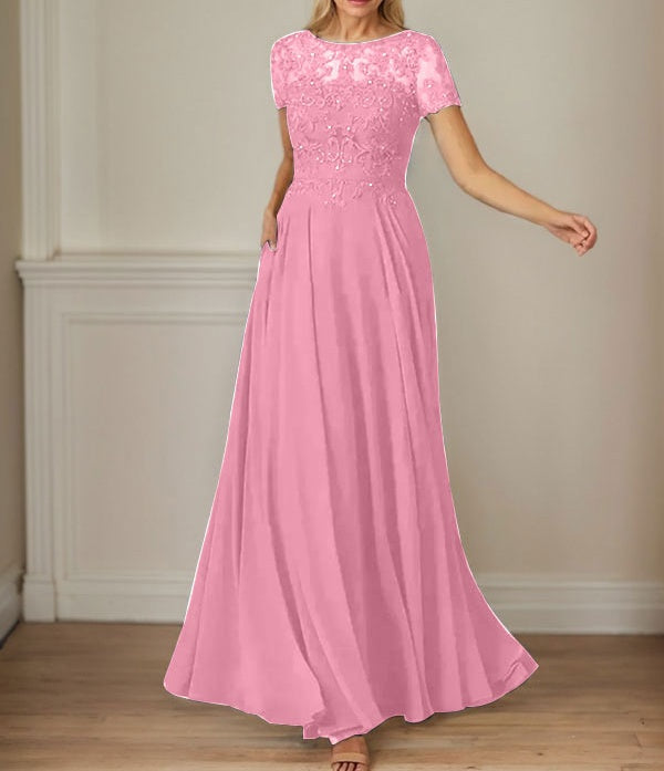 Dark Navy A-Line Boatneck Sequins Chiffon Dress