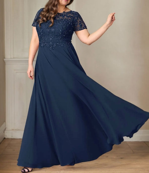 Dark Navy A-Line Boatneck Sequins Chiffon Dress