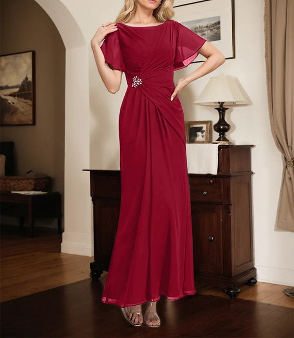 A-line Scoop Ankle-Length Chiffon Mother of the Bride Dress With Beading Pleated
