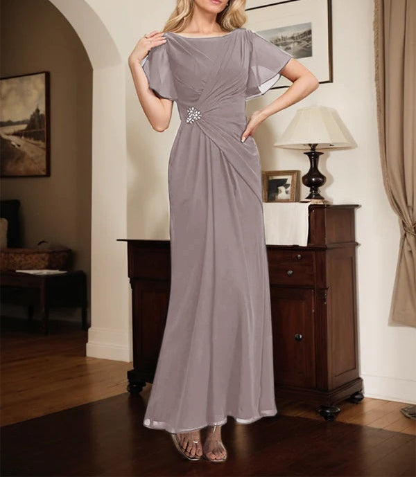 A-line Scoop Ankle-Length Chiffon Mother of the Bride Dress With Beading Pleated