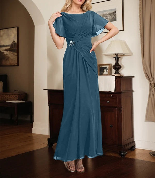 A-line Scoop Ankle-Length Chiffon Mother of the Bride Dress With Beading Pleated