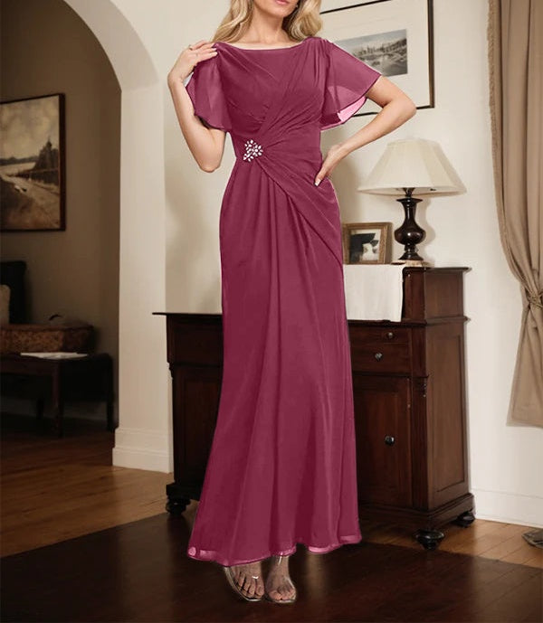 A-line Scoop Ankle-Length Chiffon Mother of the Bride Dress With Beading Pleated