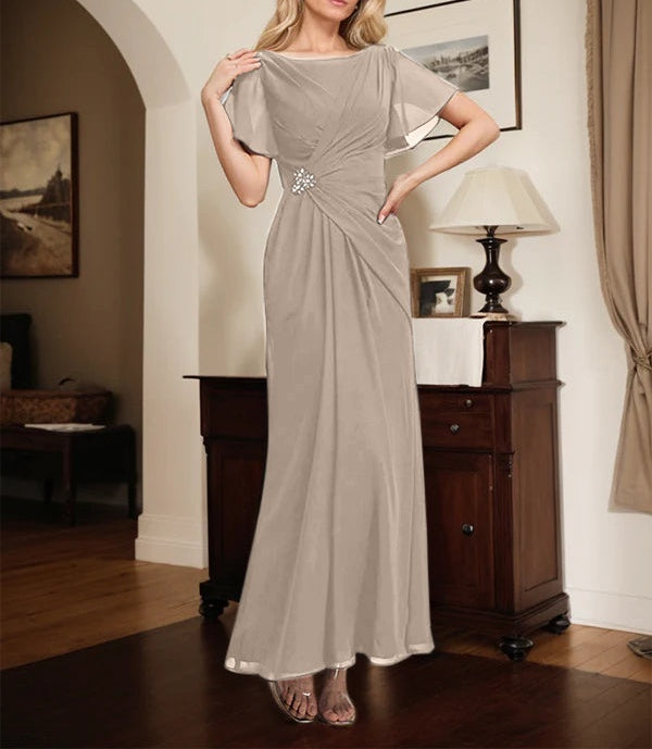 A-line Scoop Ankle-Length Chiffon Mother of the Bride Dress With Beading Pleated