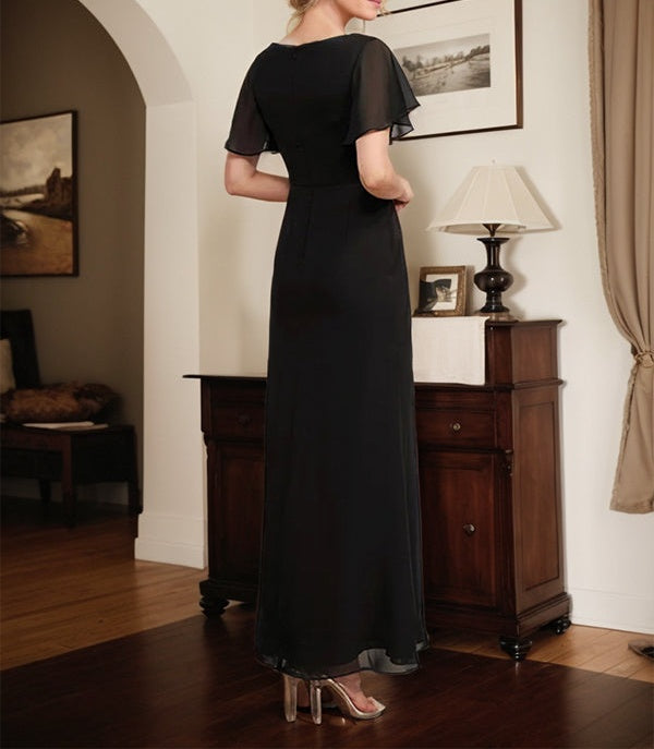 A-line Scoop Ankle-Length Chiffon Mother of the Bride Dress With Beading Pleated