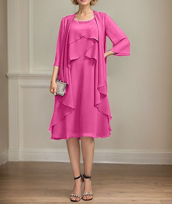 A-line Scoop Knee-Length Chiffon Mother of the Bride Dress With Beading