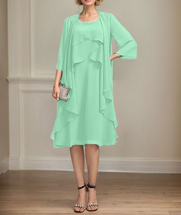 A-line Scoop Knee-Length Chiffon Mother of the Bride Dress With Beading