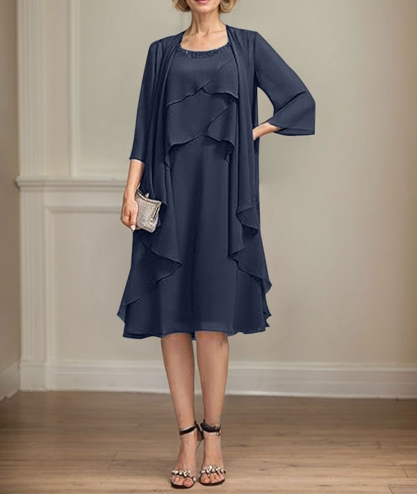 A-line Scoop Knee-Length Chiffon Mother of the Bride Dress With Beading