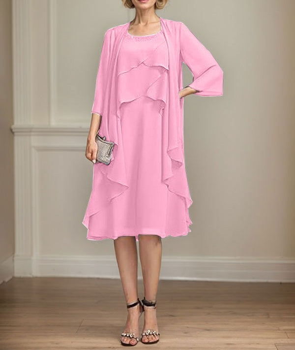 A-line Scoop Knee-Length Chiffon Mother of the Bride Dress With Beading