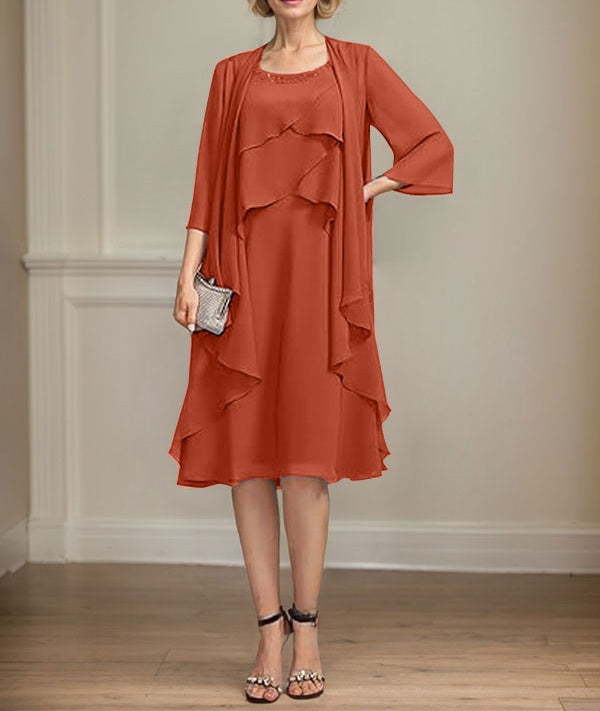 A-line Scoop Knee-Length Chiffon Mother of the Bride Dress With Beading