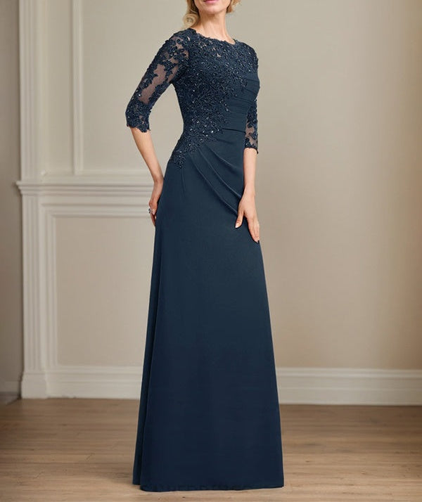 A-line Scoop Floor-Length Chiffon Lace Mother of the Bride Dress With Beading Pleated Sequins
