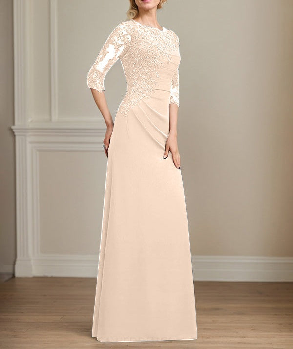 A-line Scoop Floor-Length Chiffon Lace Mother of the Bride Dress With Beading Pleated Sequins