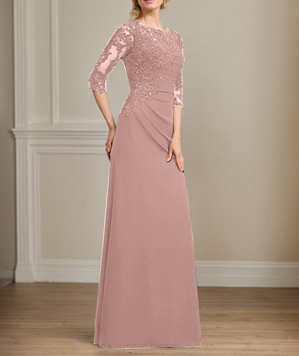 A-line Scoop Floor-Length Chiffon Lace Mother of the Bride Dress With Beading Pleated Sequins