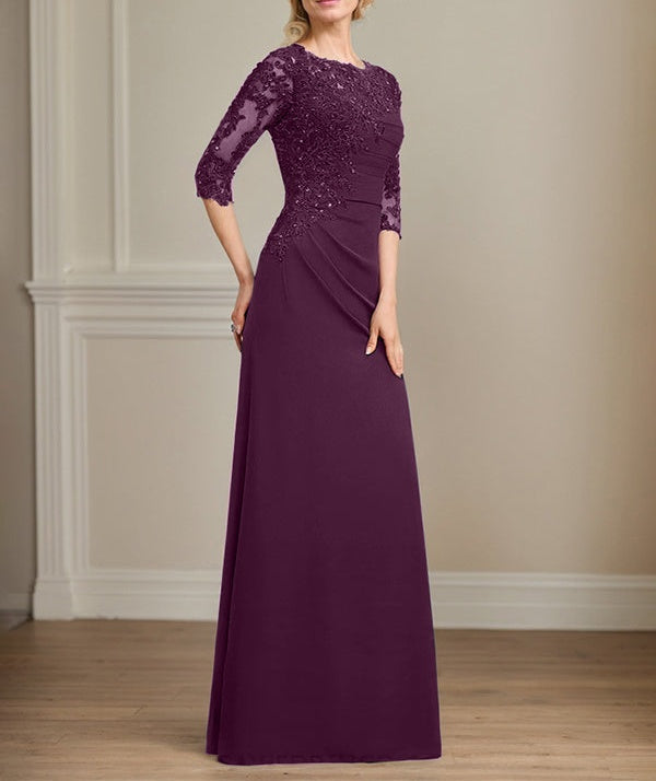 A-line Scoop Floor-Length Chiffon Lace Mother of the Bride Dress With Beading Pleated Sequins