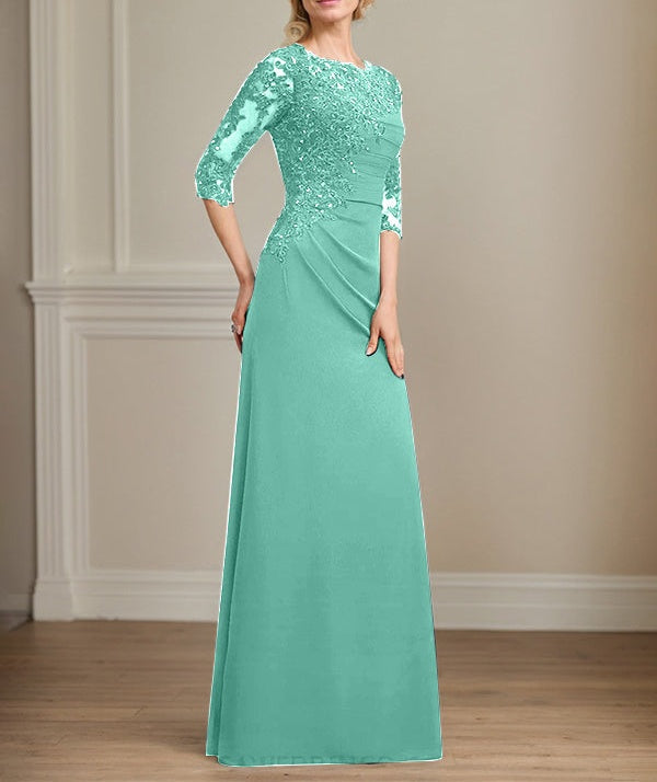 A-line Scoop Floor-Length Chiffon Lace Mother of the Bride Dress With Beading Pleated Sequins