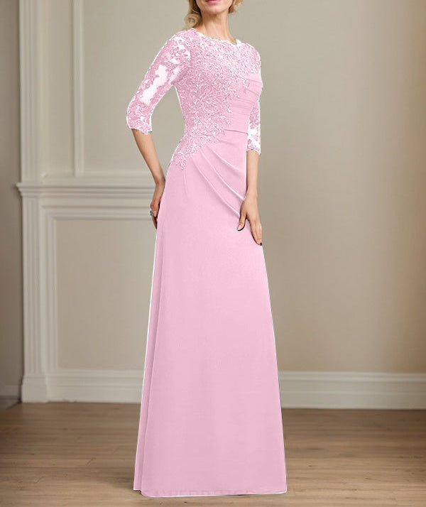 A-line Scoop Floor-Length Chiffon Lace Mother of the Bride Dress With Beading Pleated Sequins