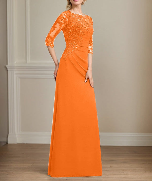 A-line Scoop Floor-Length Chiffon Lace Mother of the Bride Dress With Beading Pleated Sequins