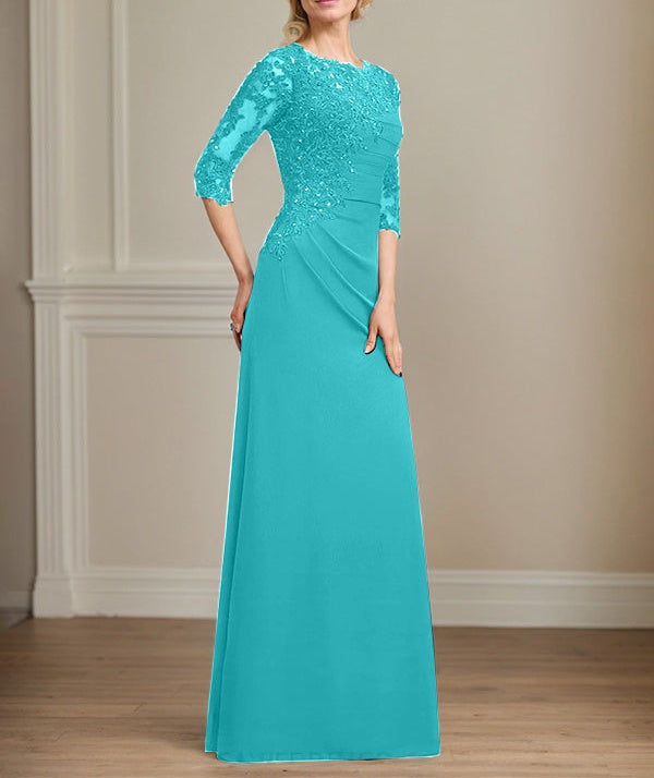 A-line Scoop Floor-Length Chiffon Lace Mother of the Bride Dress With Beading Pleated Sequins