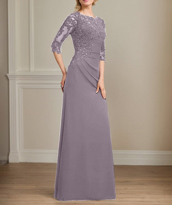 A-line Scoop Floor-Length Chiffon Lace Mother of the Bride Dress With Beading Pleated Sequins