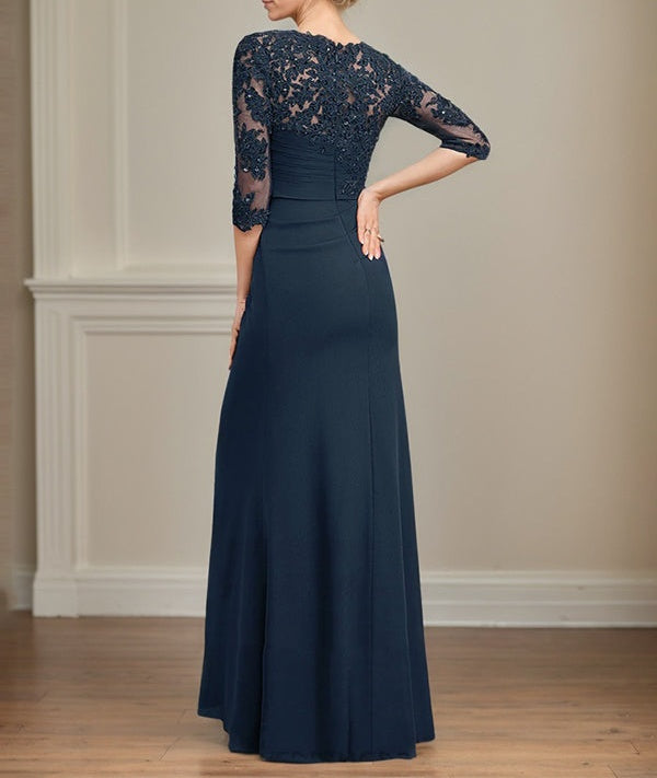 A-line Scoop Floor-Length Chiffon Lace Mother of the Bride Dress With Beading Pleated Sequins