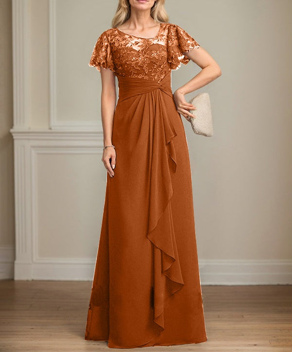 A-line Asymmetrical Illusion Floor-Length Lace Chiffon Mother of the Bride Dress With Cascading Ruffles Sequins