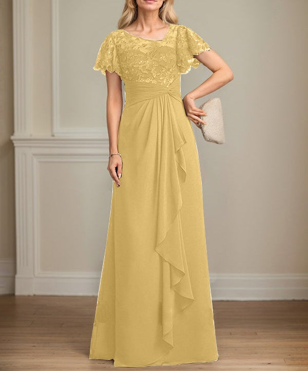 A-line Asymmetrical Illusion Floor-Length Lace Chiffon Mother of the Bride Dress With Cascading Ruffles Sequins