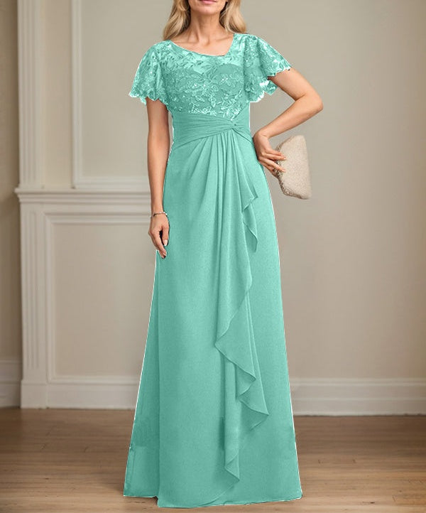 A-line Asymmetrical Illusion Floor-Length Lace Chiffon Mother of the Bride Dress With Cascading Ruffles Sequins
