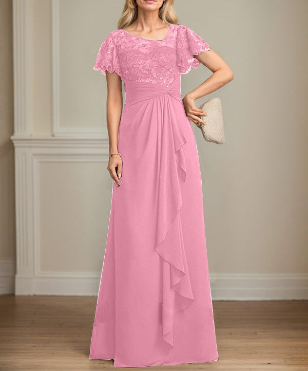 A-line Asymmetrical Illusion Floor-Length Lace Chiffon Mother of the Bride Dress With Cascading Ruffles Sequins