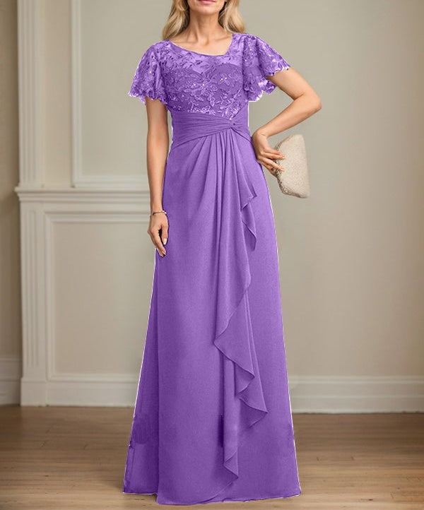 A-line Asymmetrical Illusion Floor-Length Lace Chiffon Mother of the Bride Dress With Cascading Ruffles Sequins